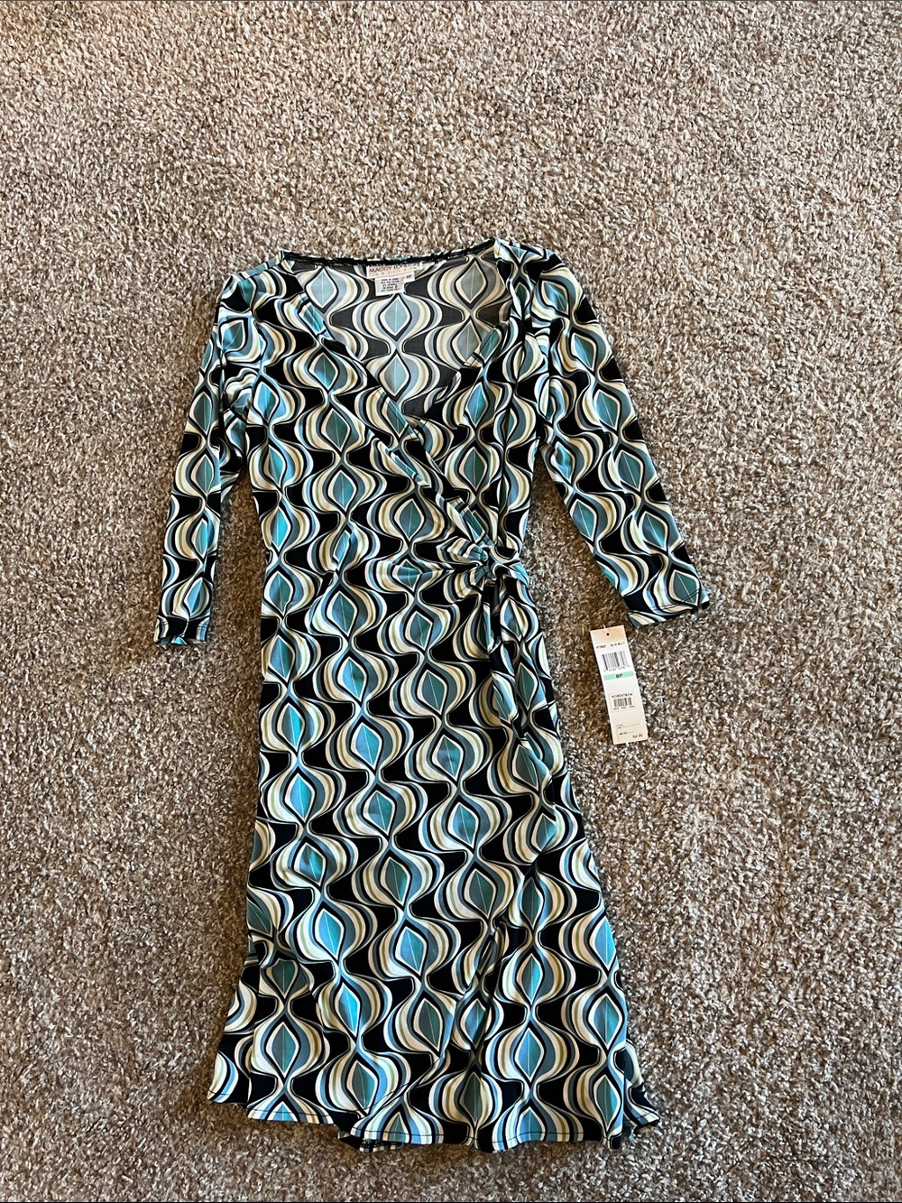 Maggy London Blue, Teal and Black Geometric Wrap Dress
